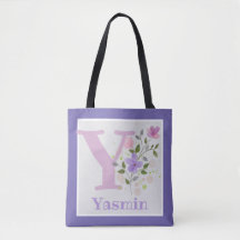 Tote Bag har första initialen plus namn med blommo