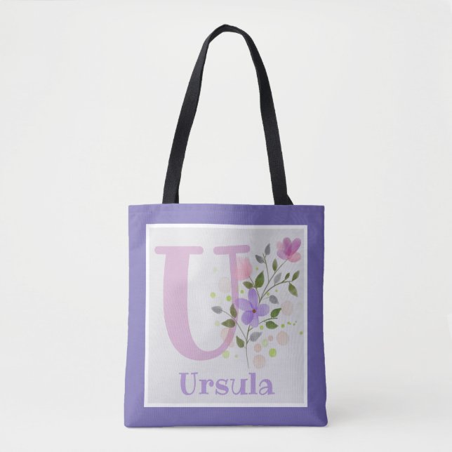 Tote Bag har första initialen plus namn med blommo Tygkasse (Framsida)