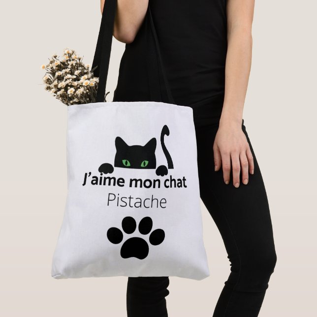 Tote Bag J'aime mon chat Pistache Tygkasse (Närbild)
