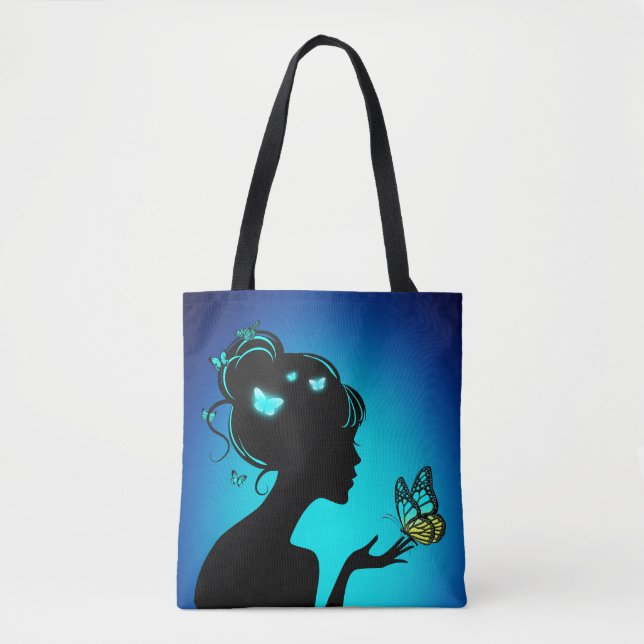 Tote Bag La femme papillons bleues Tygkasse (Framsida)