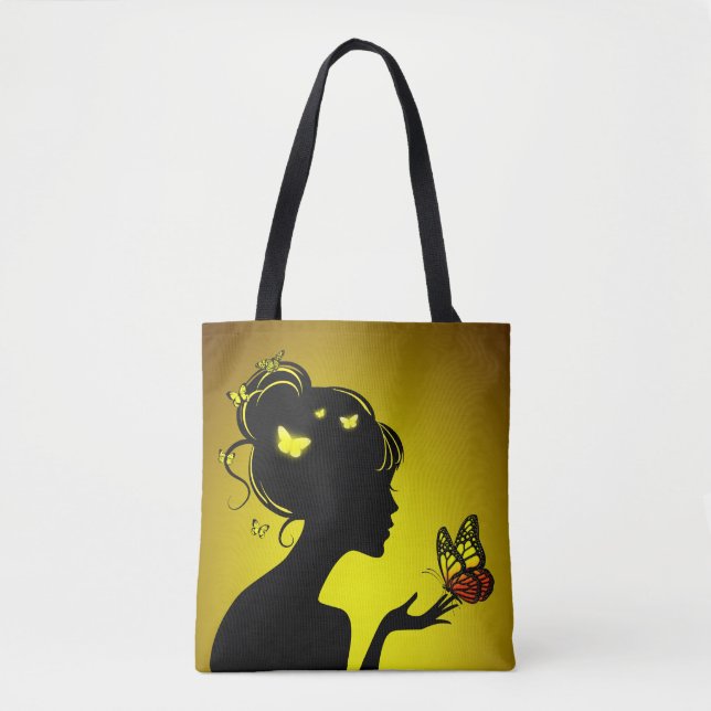 Tote Bag La femme papillons jaunes Tygkasse (Framsida)
