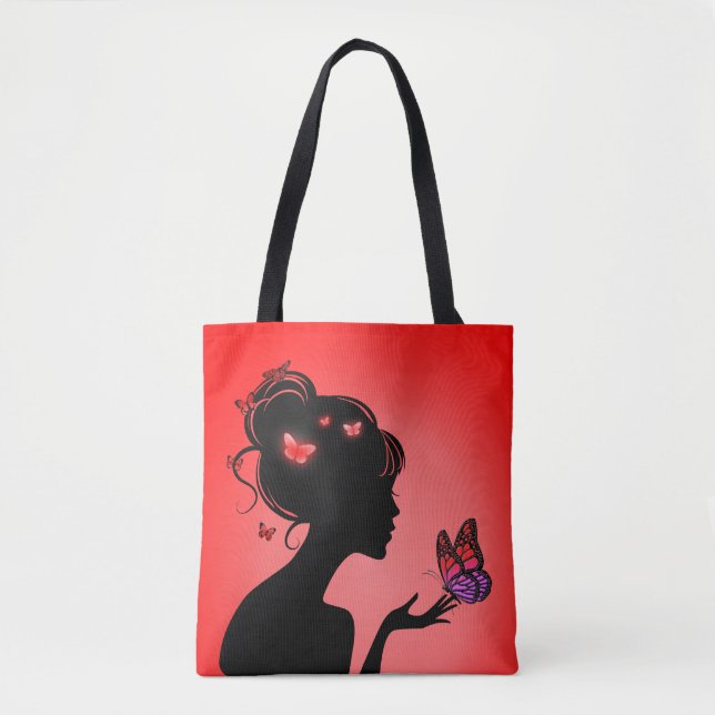Tote Bag La femme papillons rouges Tygkasse (Framsida)