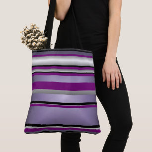 Tote Bag Lila Grått Black White Rand Mönster Tygkasse
