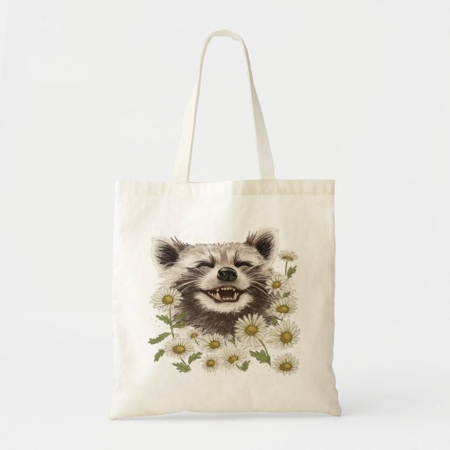 Tote Bag Lycklig raccoon i daisy Tygkasse (Framsidan)