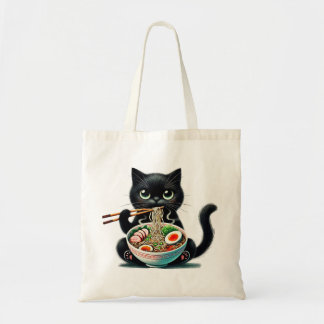 Tote Bag med Cute Cat Enjoying Ramen Tygkasse