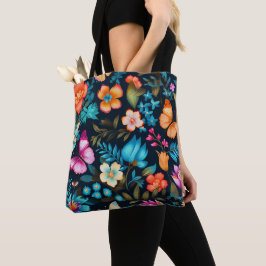 Tote bag med en livfull blom- och fjärilsdesign tygkasse