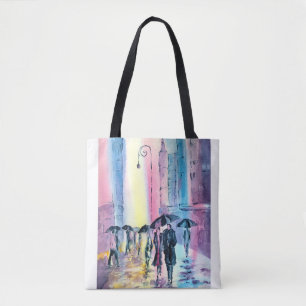 Tote Bag med en scen för ett par som går i regn Tygkasse