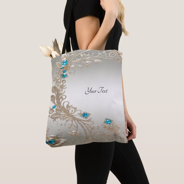 Tote Bag med Förgyllda Blå Stenar Tygkasse (Närbild)