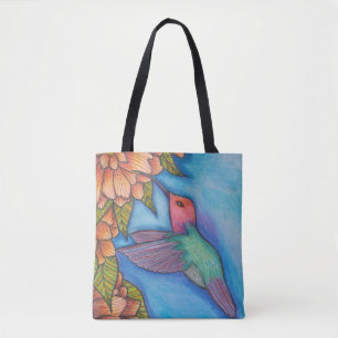 Tote Bag med Hummingbird and Flowers Pencil Art Tygkasse
