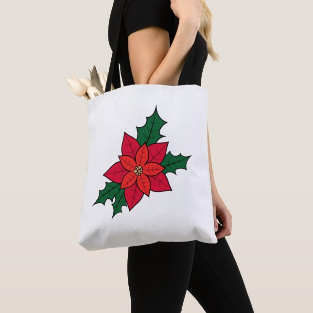 Tote Bag med Jul Red Poinsettia Tygkasse (Närbild)