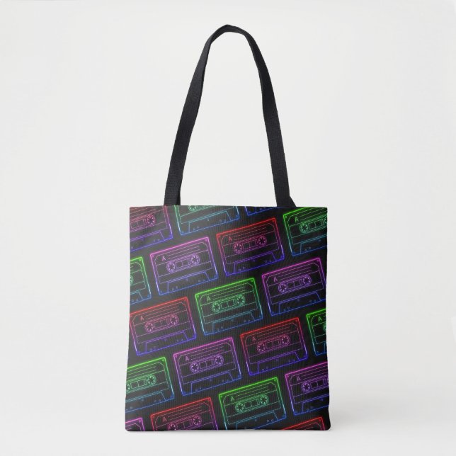 Tote Bag med Neon Multifärgad Cassette Mönster Tygkasse (Framsida)