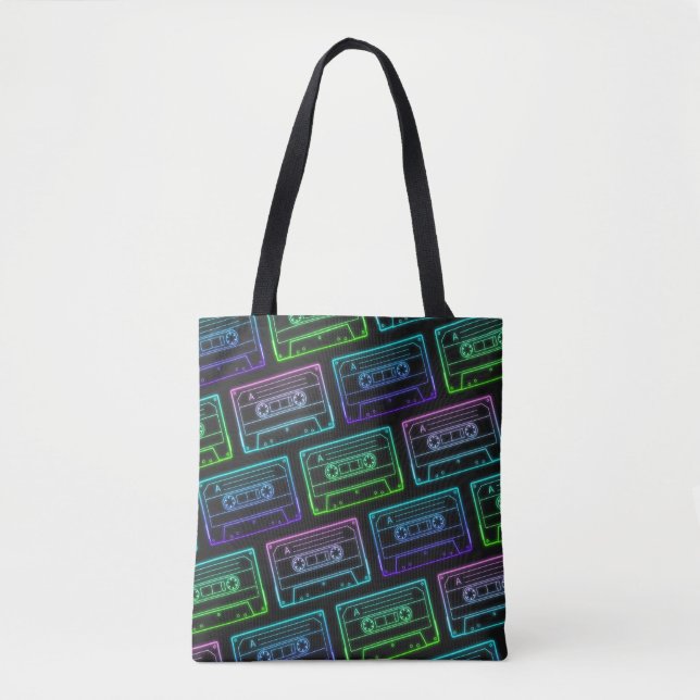 Tote Bag med Neon Multifärgad Cassette Mönster Tygkasse (Framsida)