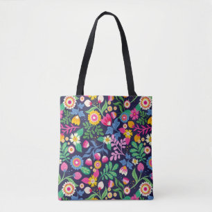 Tote Bag Med Svart Bakgrund Blommig Design Tygkasse