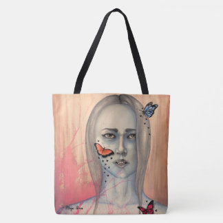Tote Bag med Womans ansikte och Butterflies Tygkasse