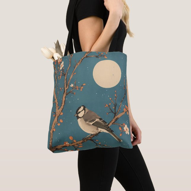 Tote bag - Moonlit Bird on Blossom Branch Tygkasse (Närbild)
