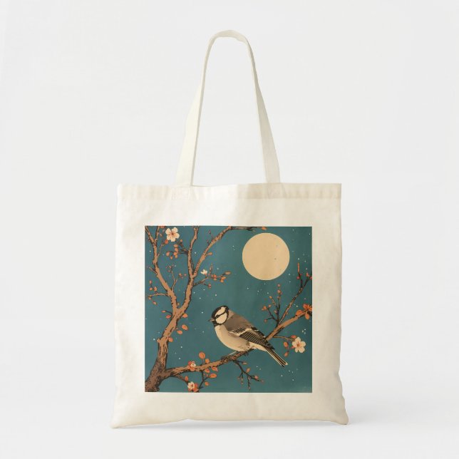 Tote bag - Moonlit Bird on Blossom Branch Tygkasse (Framsidan)