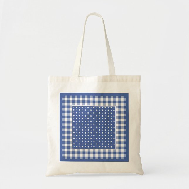 Tote Bag, Mörk blått, Vit Polka dots och checkar Tygkasse (Framsidan)