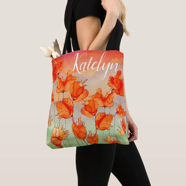 Tote Bag-Orange för vita och färgfyllda poppies Tygkasse (Närbild)