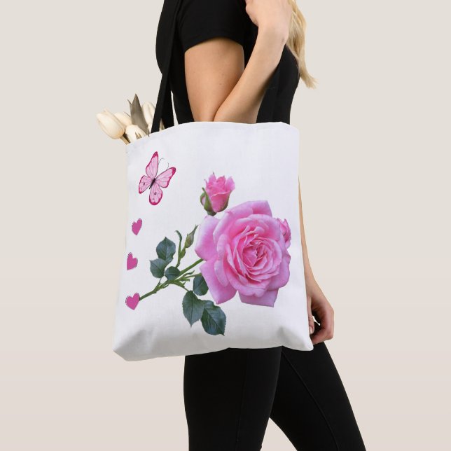 Tote bag Rosa ros Butterfly Kisses Hearts Tygkasse (Närbild)