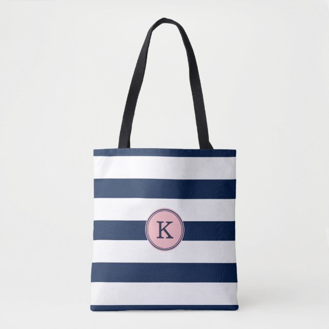 Tote Bag-Rosa, stripe, monogram Tote Bag Tygkasse (Framsida)