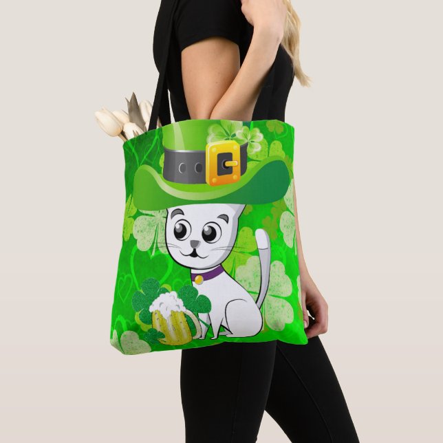 Tote Bag Saint patrick's day Cat Beer Tygkasse (Närbild)