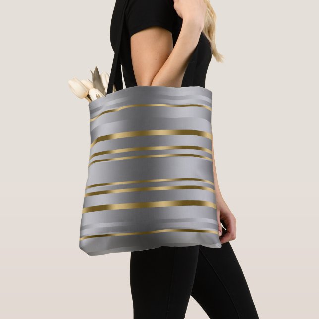 Tote Bag silver och Guld Rand Mönster Tygkasse (Närbild)