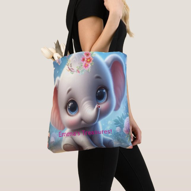 Tote Bag, söt baby vit elefant blommig Tygkasse (Närbild)