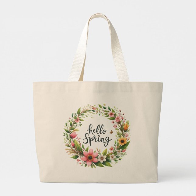 Tote Bag-Spring Floral Wreath Tote Bag Jumbo Tygkasse (Baksida)