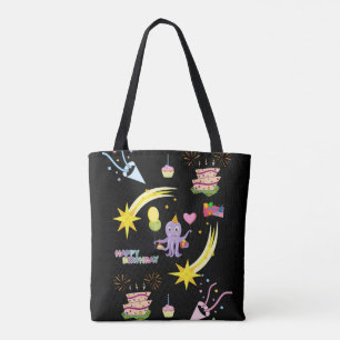 Tote Bag, Svart Blåckfisk Glad Födelsedag Tygkasse