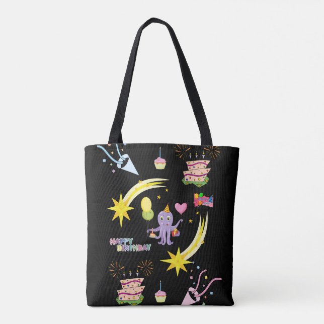 Tote Bag, Svart Blåckfisk Glad Födelsedag  Tygkasse (Baksida)