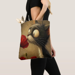Tote Bag, Svart & Vit Katt Röda Blommor Tygkasse