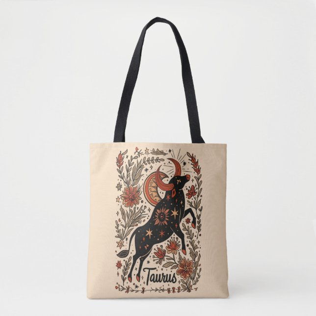 Tote Bag Taurus Celestial Zodiac Art Tygkasse (Framsida)