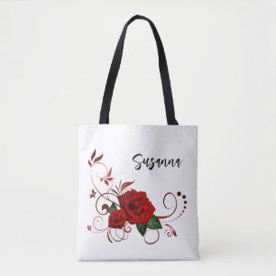 Tote Bag, Vit Vacker Klassisk Röd Ros Blommig Tygkasse