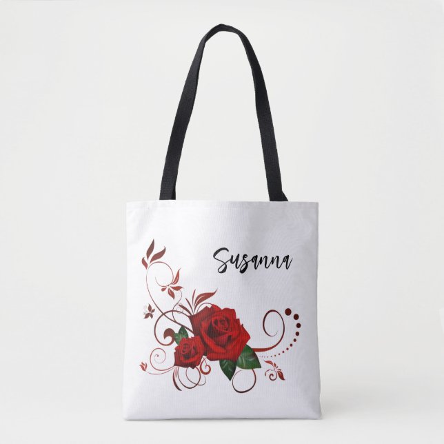 Tote Bag, Vit Vacker Klassisk Röd Ros Blommig  Tygkasse (Framsida)