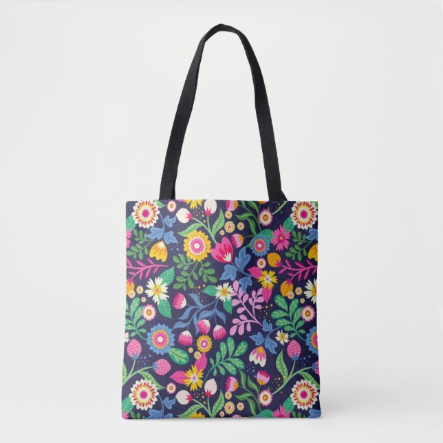 Tote Bag With Black Background Floral Design Tygkasse (Framsida)