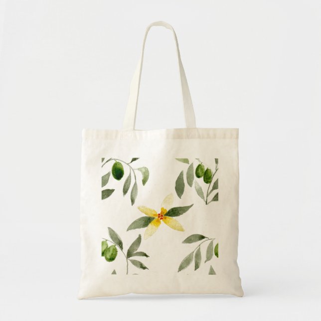Tote bag with olives, leaves and blossom design tygkasse (Framsidan)