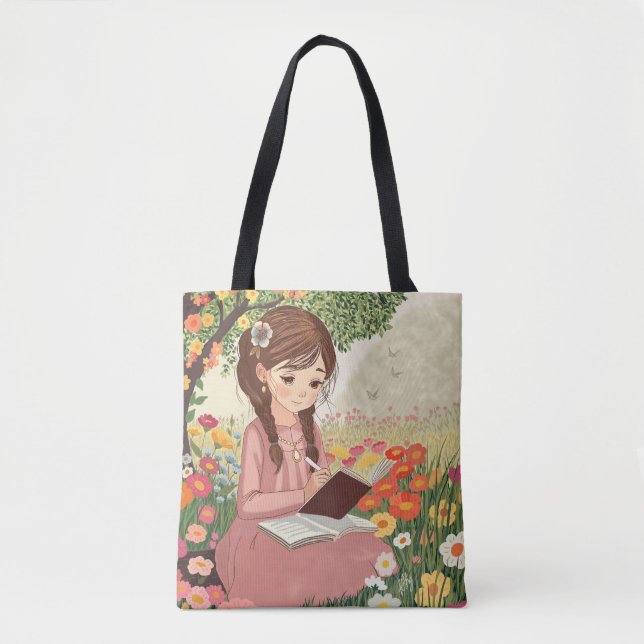 Tote bolsa Menina escrevendo em um campo de flores Tygkasse (Framsida)