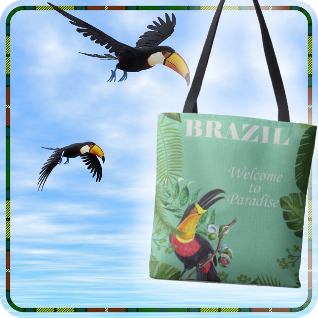 TOTE - Brasilien - Välkommen till Paradise + Touca Tygkasse (A beautiful Tote Bag with a colorful Toucan on each side)