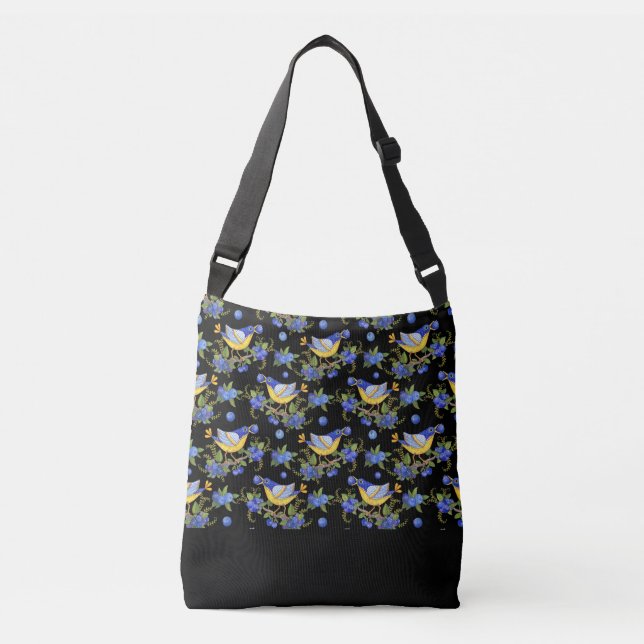 TOTE CROSSBODY BIRD BLUEBERRY WHIMSICAL BLACK AXELVÄSKA (Framsida)