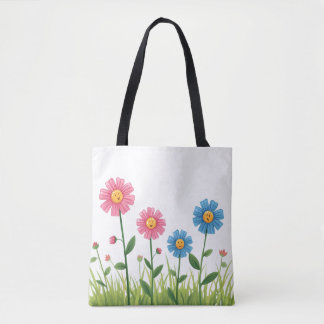 Tote -Flower Design with smiley face Tygkasse