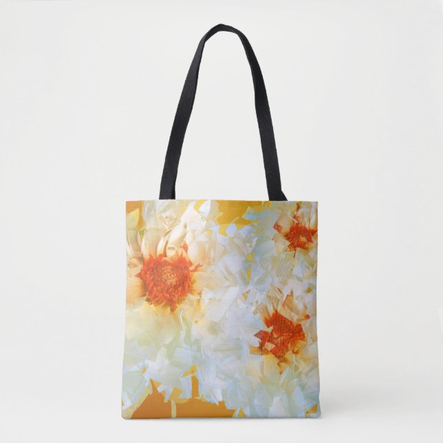 Tote Flowers White Orange Cubist Tygkasse (Framsida)