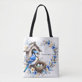 Tote Geai bleu sur nichoir – Illustration florale Tygkasse