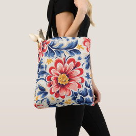 Tote-handduk med livfullt blommotiv med rött tygkasse