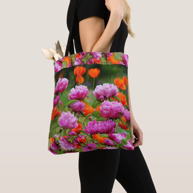 Tote - Rosa Peonies & Orange Poppies. Tygkasse (Närbild)
