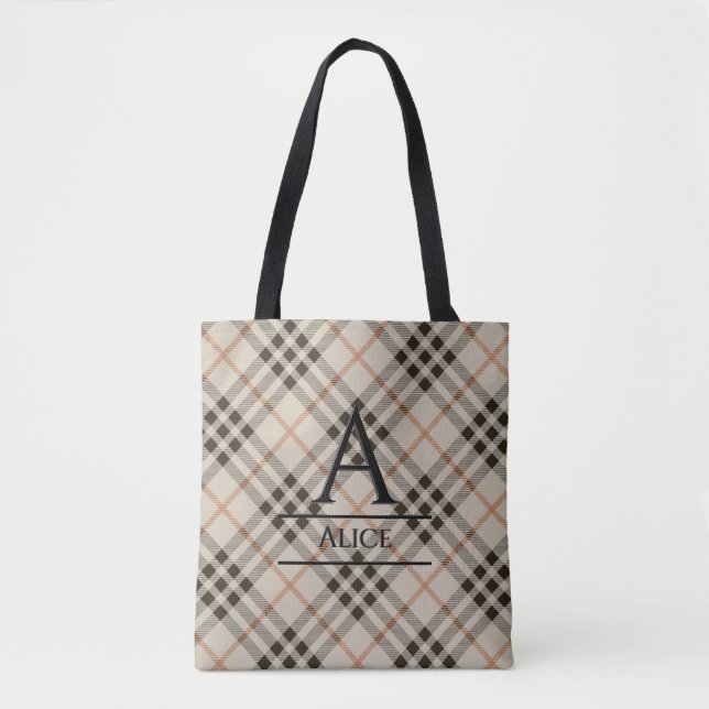 Tote väska med monogram och tartanbakgrund (Framsida)