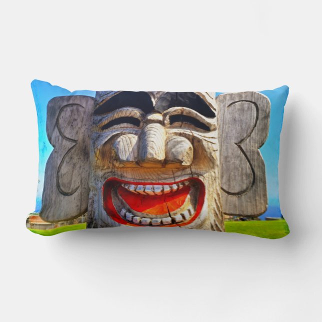 Totem Wood Laughing Teeth Ansikte Tribal Photo Bol Lumbarkudde (Framsida)