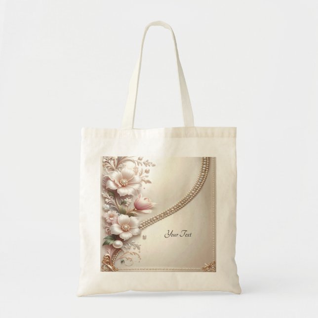 Toteväska med blommor och pärldekor tygkasse (Framsidan)