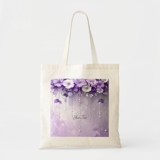 Toteväska med lila blommor och dinglande pärlor tygkasse (Framsidan)