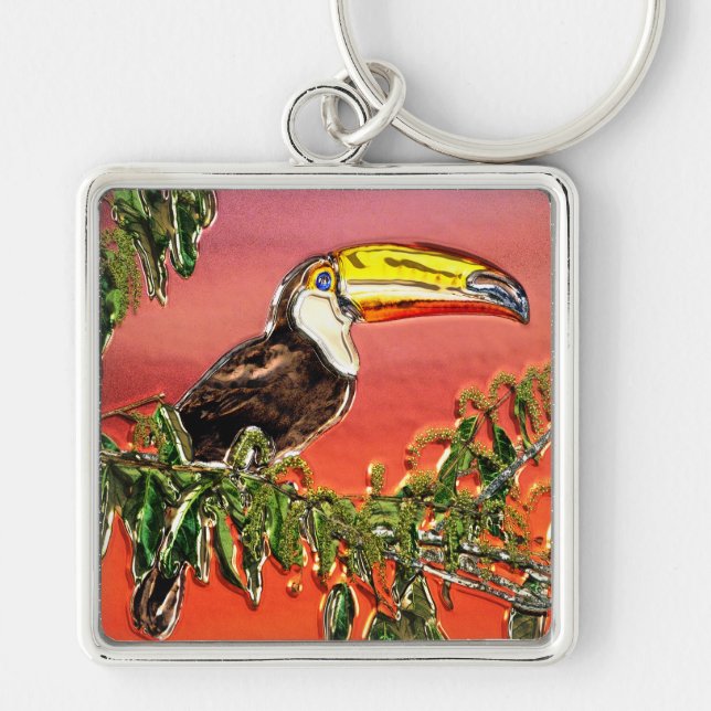 Toucan 2 Keychain Fyrkantig Silverfärgad Nyckelring (Framsidan)