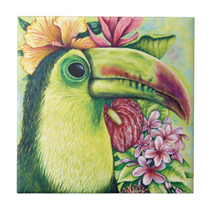 Toucan Bird Blommigt Tropical Grönt Art Ceramic Ti Kakelplatta